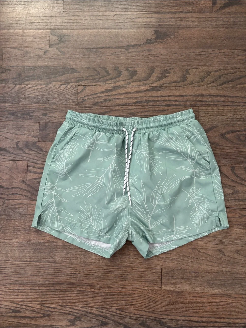 Men's Sage Green Leaf Print Swim Trunks